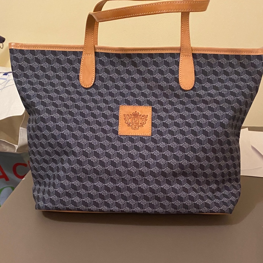 Leather-Trim Navy Patterned Tote Bag